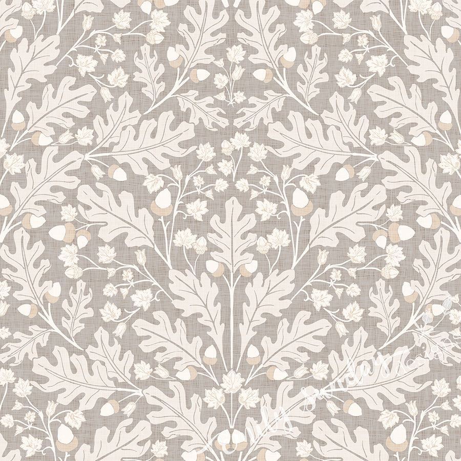 Large Scale Heritage Oak & Acorn Ogee Mocha peel and stick wallpaper pattern swatch